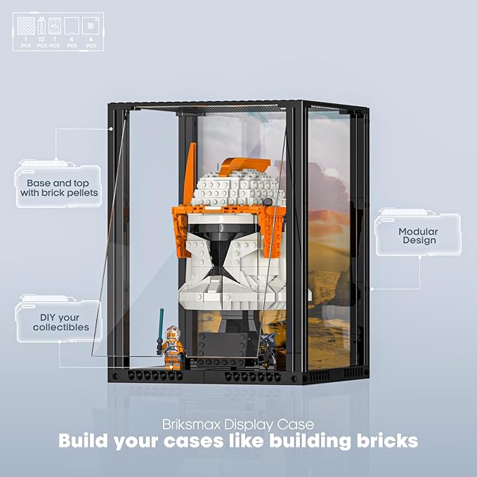 Briksmax Acrylic Display Case for LEGO Helmet Collectibles, Assembled Clear Dust Protective Display Box with Printed Cardboard, Gift for LEGO Collectors (7.7x7.7x10 in)(No Model)