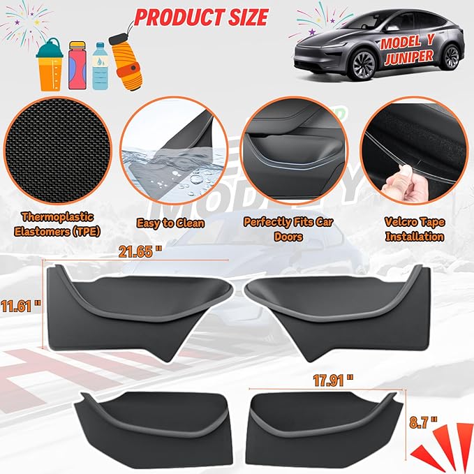 4Pcs 2026 2025 Tesla Model Y Juniper Door Pocket Liner Full Protector Cover Door Organizer Tray Side Storage Interior Accessories - Waterproof & Anti-Scratch TPE Inserts