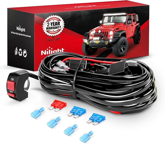 Nilight LED Light Bar Wiring Harness Kit Motorcycle Handlebar Push Button Switch 16AWG 2 Leads 12V On Off for ATV UTV Driving Lights 7/8inch