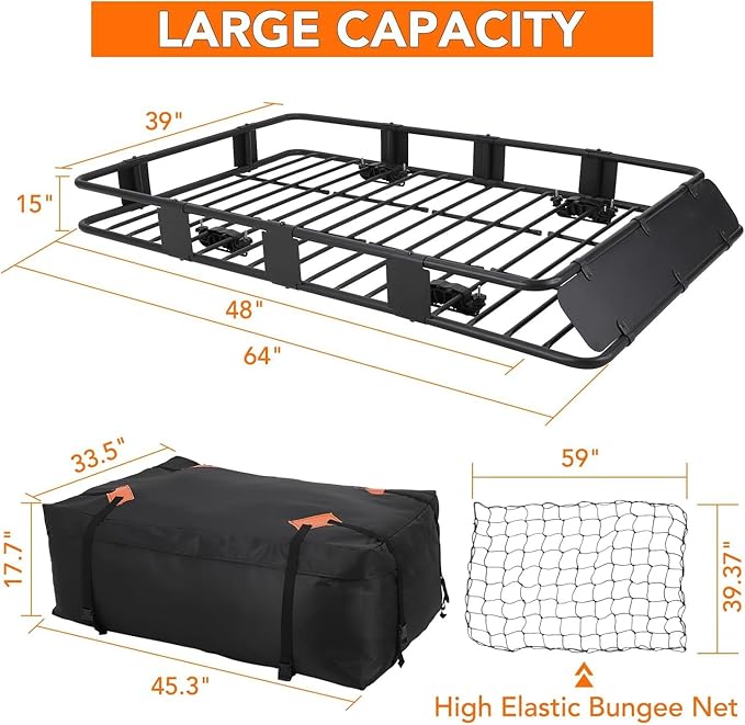 64"x39" Universal Roof Rack Basket with Cargo Bag, Adjustable Steel Roof Cargo Basket up to 200 lbs Capacity, Car Top Carrier for SUV, Truck, and Vehicle Rooftop Storage