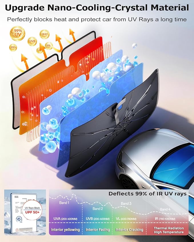 DMJN Umbrella Windshield Sun Shade for Toyota Tacoma, Car Sunshade for Front Windshield [Nano Ice-Crystal Coatings] UPF50+ Heat & UV Block, Protect Interior & Keep Cooler