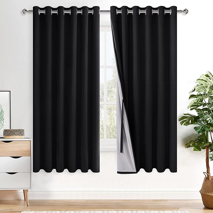 XWZO 100% Blackout Curtain Panels - Extra Wide Thermal Insulated Black Liner Curtains, Noise Reducing and Heat Blocking Drapes for Hall and Studio Windows with Tiebacks, Black, W70 x L63, Set of 2