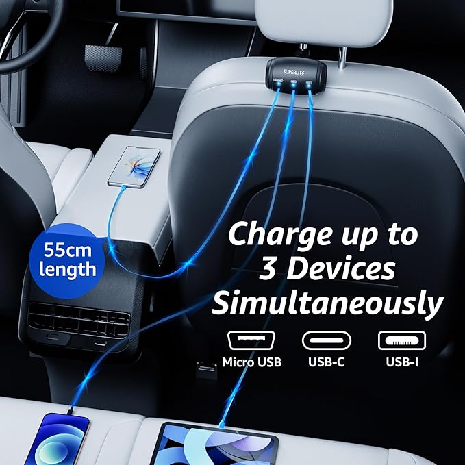 Superlit 3-in-1 Retractable Backseat Car Charger – Headrest Mount Charging Station for Uber, Lyft and Rideshare Drivers, Fast Multi USB Charging Device for Passengers Compatible with All Phones