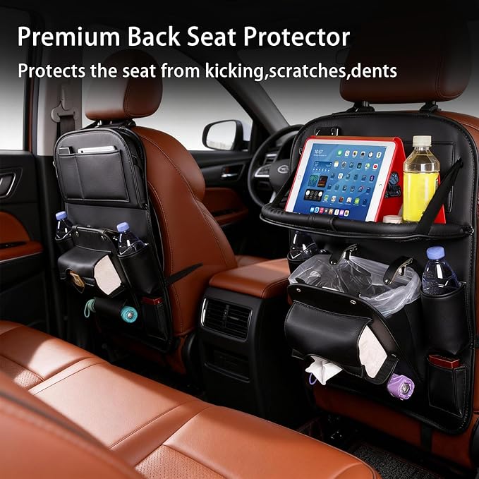 Car Seat Organizer, Multifunctional Backseat Protector Mat, Storage Bag and Tray Rack, Trash Storage (Suitable for Cars, Children, Back of Seats, and Rear Seats) (Black, Leather 1-Piece Set)