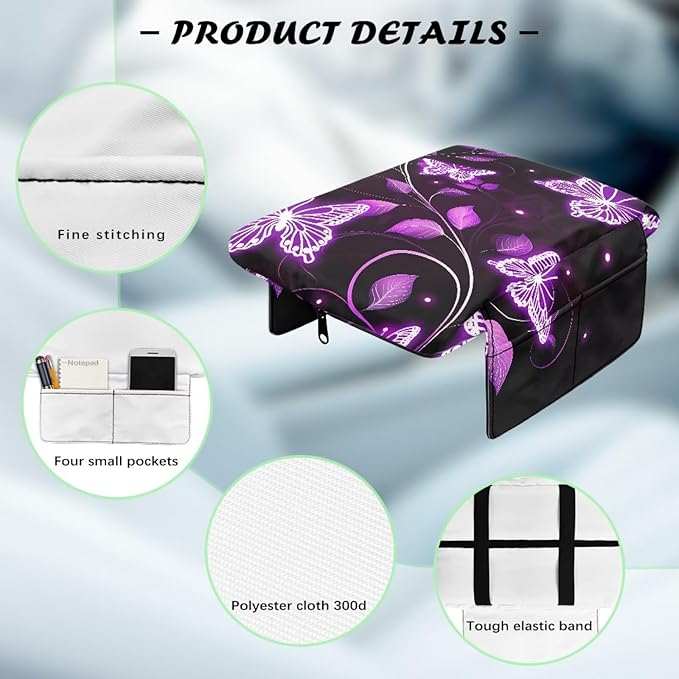 Dreaweet Purple Butterfly Arm Rest Cover for Car Women Thick Center Console Cover Pad with Pockets Universal Anti-Scratch Armrest Cover for Car SUV Sedan Trucks
