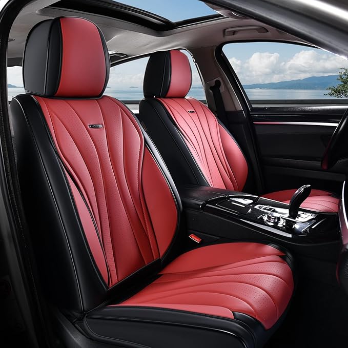 Coverado Car Seat Covers, Front Seat Cover for Cars, 2 Pack Premium Leather Seat Cover, Universal Seat Cover, Waterproof Car Seat Protector, Automotive Seat Cushion Fit for Most Vehicles (Black&Red)