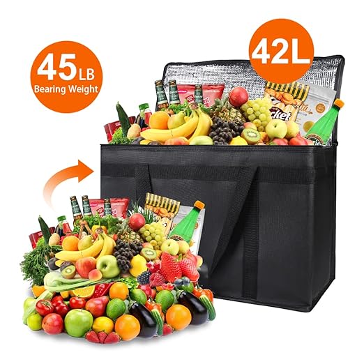 Bodaon 2-Pack Insulated Food Delivery Bag, XX-Large Reusable Grocery Shopping Bag, Frozen Food Cold, Bodaon Cooler Bags with Zippered Top, Black