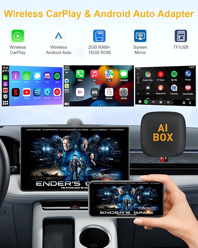 Wireless CarPlay Adapter, 2025 Upgraded 5-in-1 Apple CarPlay Wireless and Android Auto Adapter Support Netflix/YouTube/TF Card, Magic Car Play Ai Box for Cars from 2016 & iPhone iOS10+ Android
