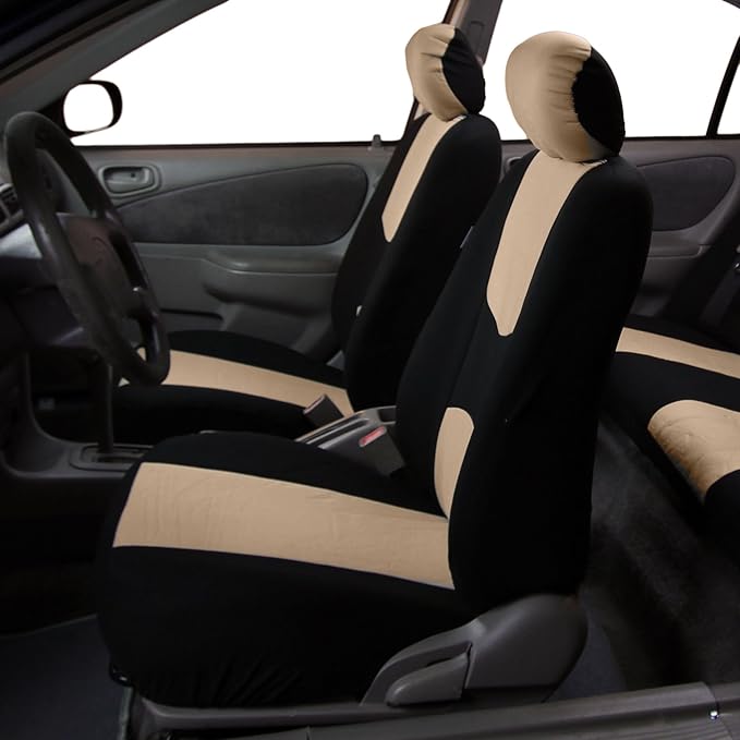 FH Group Car Seat Covers Flat Cloth Automotive Beige Full Set, Rear Solid Bench Universal Fit Combo Steering Wheel Cover & Seat Belt Pads Car Seat Protector for Cars Trucks SUV Interior Accessories