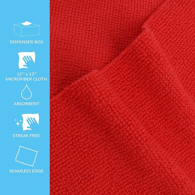 Tricol Clean 50PK Profesional Resuable Lint Free Microfiber Edgeless Cleaning Cloth Cleaning Rags,Absorbent Microfiber Wipes for Housekeeping, Car Cleaning (12 * 12 Inches) (red1)