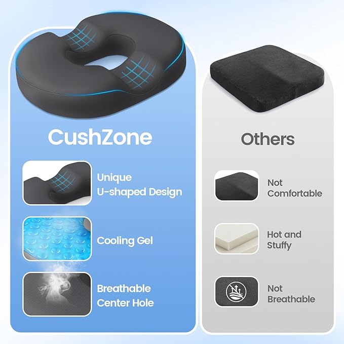 Donut Pillow Seat Cushion - Cooling Gel Outdoor Chair Cushions, Memory Foam Seat Cushion for Office & Home, Car Seat and Patio Furniture Cushions, Hemorrhoids Pillow and Tailbone Pain Relief, Grey