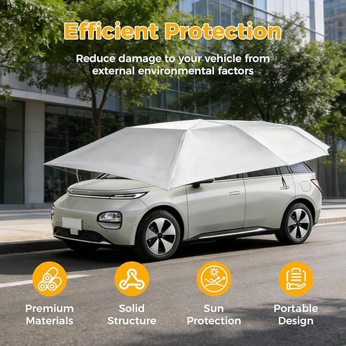 Semi-Automatic Car Tent, 3.78×7.2FT Portable Cars Umbrella Vehicles Tent Blocking UV Rays Car Roof Cover Cars Awning with Carrying Bag Sun Shades for Vehicles Roof Protection (Silver Gray)