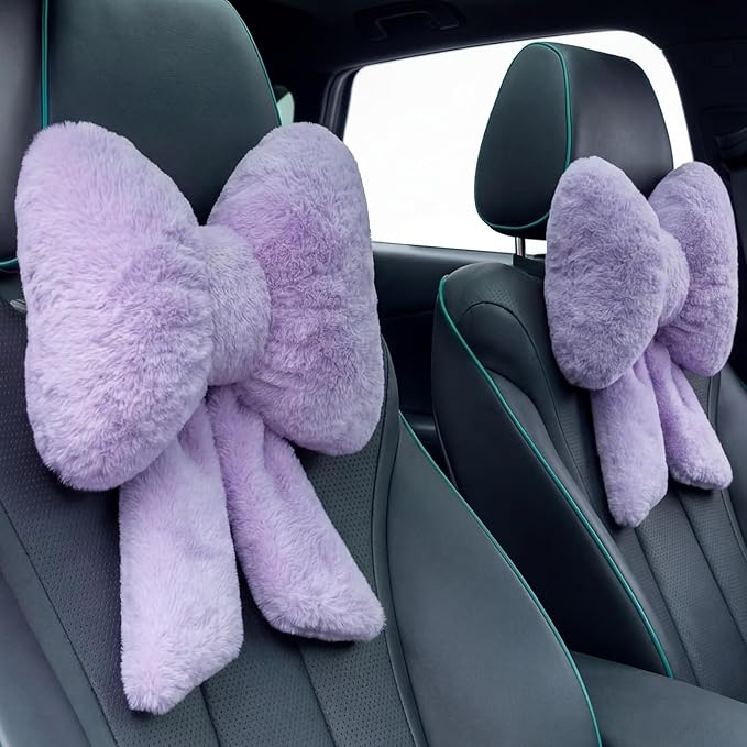 Macarrie 2 Pcs Car Neck Pillow Plush Butterfly Bow Car Headrest Pillow Comfortable Seat Neck Support Cute Head Rest Accessories for Driving Travel Driver Chair Girl Style Interior Decor (Purple)