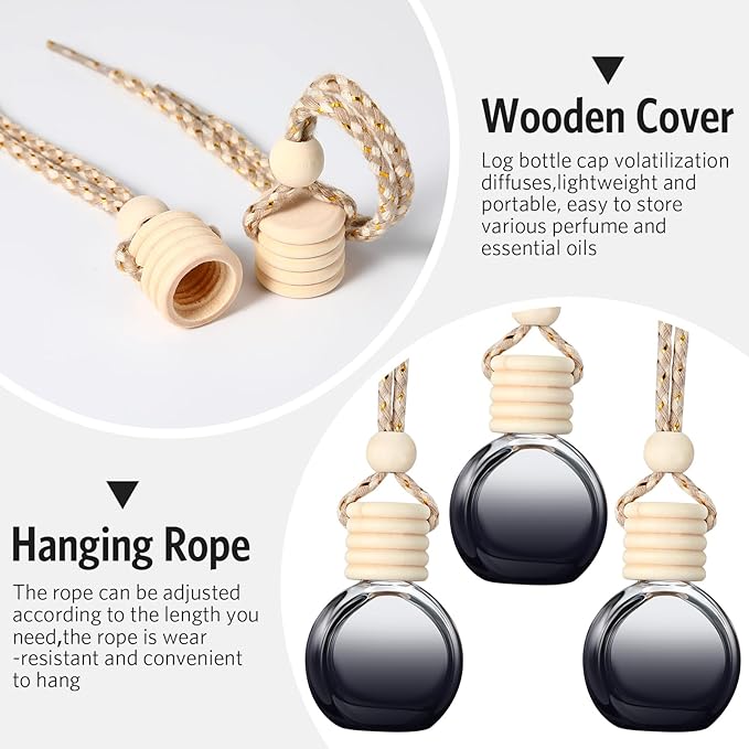 BBTO 100 Pcs Car Air Fresheners Diffuser with Wooden Cap Empty Aromatherapy Diffuser Clear Car Fragrance Holder Pendant Hanging Perfume Fresheners Bottles for Decor (Black,Round)