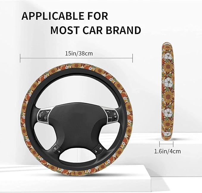 Car Steering Wheel Cover for Women Men, Non-Slip Retro Sunflower Floral Steering Wheel Protector, Universal 14"-15" Fit for Cars, SUVs, Trucks (Retro Sunflower Floral)
