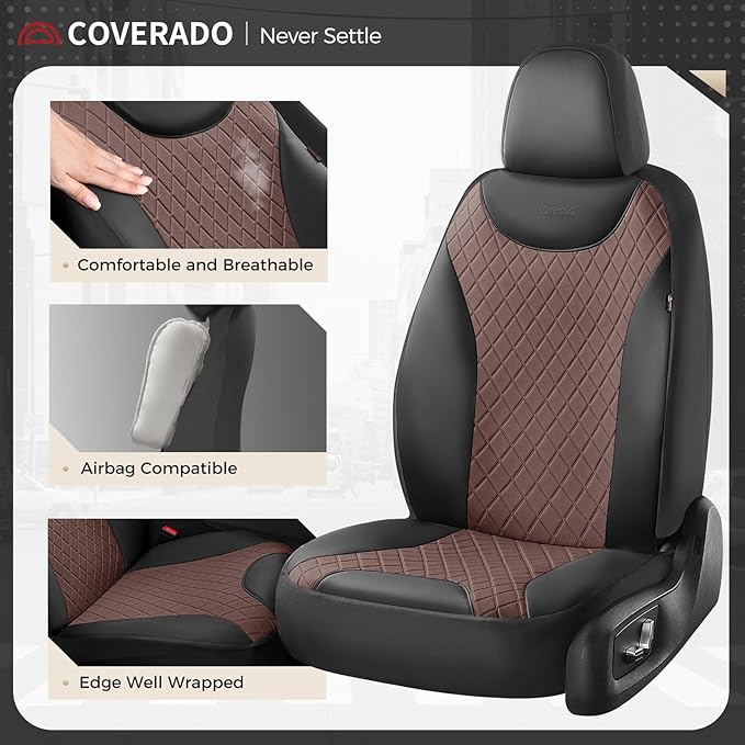 Coverado Front Car Seat Covers, Leather Seat Covers for Cars, Automotive Seat Protectors with Splicing Design，Waterproof Auto Seat Cushions Driver Seat Covers Universal for Most Cars, Black & Coffee