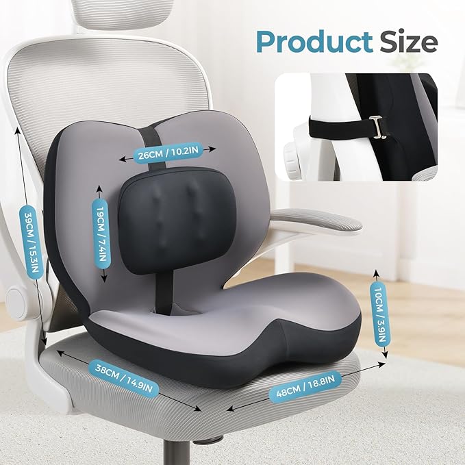 FLORICH 2 in1 Truck Seat Cushion and Lumbar Support Pillow Memory Foam Car Seat Cushion with Adjustable Strap for Truck Driver Long Drives, Fits Semi Truck Seat,Car,Office&Gaming Chair(Light Black)