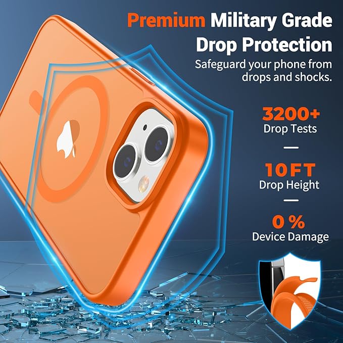 SUPFINE Magnetic for iPhone 15 Case with Screen Protector (Compatible with MagSafe) (Military Grade Drop Protection) Translucent Matte Shockproof Phone Cover,Starry Orange