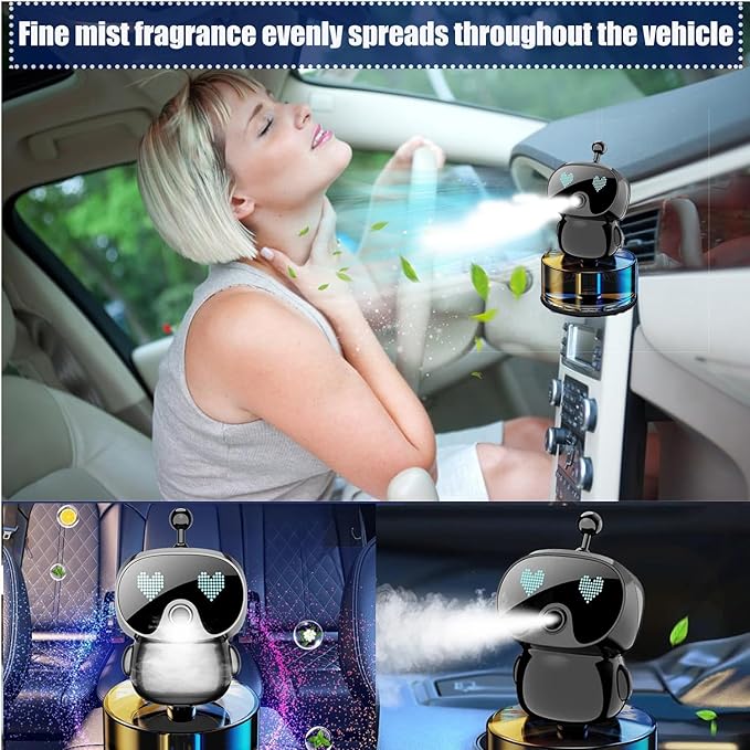 Robot Intelligent Aromatherapy Machine, Smart Cute Robot Car Air Freshener - Fine Spray/Fillable/Four-Gear Adjustment/Vibration Sensing/On-Off/Large Capacity Long-Lasting Fragrance/V1 (Black, Cologne)