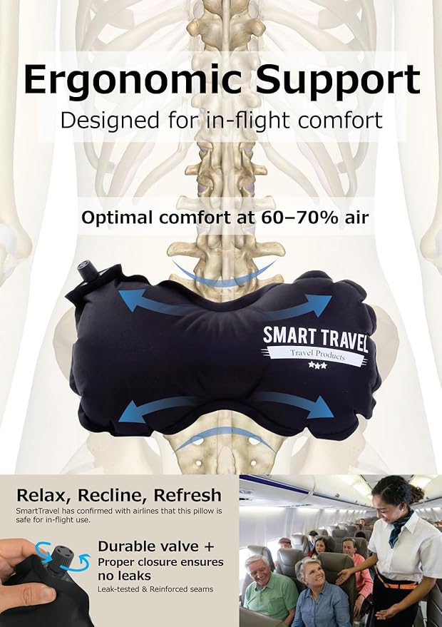 SmartTravel Travel Products Inflatable Travel Lumbar Pillow for Airplane Seat – Adjustable Lower Back Support Cushion for Long Flights