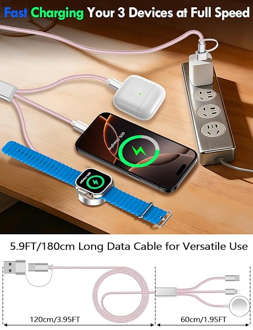 Travel Essentials for Apple Watch Charger,iPhone Charger,3 in 2 Type C/L/Magnetic Fast Charging Cable,Multi Charging Cable Portable Designed for iWatch Series,iPhone 17-11,Galaxy S26-S21,Car-6FT