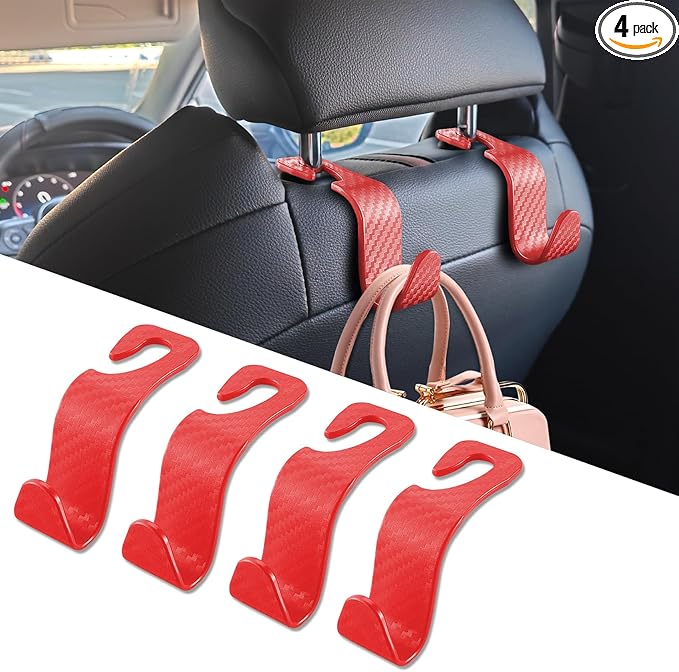 4PCS Car Seat Headrest Hook, Plastic Auto Back Seat Hanger Hooks, Multi-Functional Stylish Seat Hooks, Universal Car Interior Headrest Hanger Storage Accessories for Purse Coats Handbag (Red)