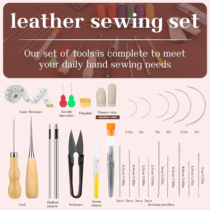 MORFEN Leather Sewing Kit Upholstery Repair Kit Leather Stitching Kit with Hole Punch, Waxed Thread, Sewing Awl, Upholstery Needles, Leatherworking Tools for Hand Stitching Furniture, Car, Sofa