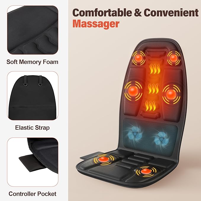 Back Massager with Heat for Pain Relief Deep Tissue, Portable Massage Chair Cushion and Seat Pad for Office, Gifts for Men & Women for Home Use