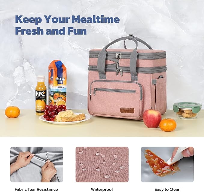 Maelstrom Lunch Box, 23L Insulated Lunch Bag, Expandable Double Deck Cooler Bag, Lightweight Leakproof Tote Bag With Side Tissue Pocket, Suit For Men and Women (E. Pink)