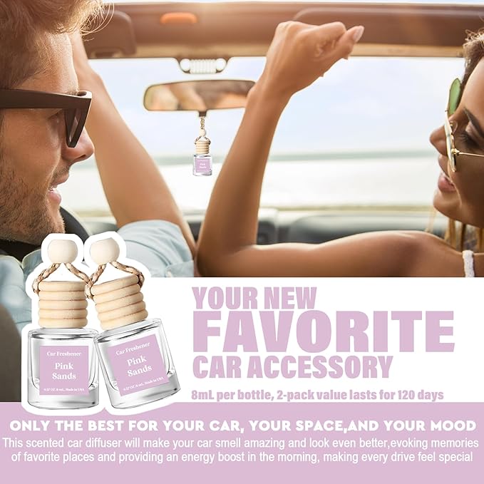 C Classy Hanging Car Air Freshener 2 Pack, Pink Sands Essential Oil Diffuser, Long-Lasting Fragrance, Cute Glass Bottle Car Accessories for Women & Men, Made in USA