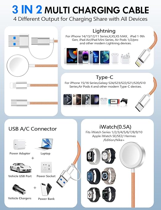 2Pack Multi Charging Cable Cord for Travel Essentials,Apple Watch Charger,iPhone Charger,[3-in-2] Type C/L Cable Portable Designed for iWatch,iPhone 17-8,Galaxy S25-21,AirPods,iPad-4FT Orange