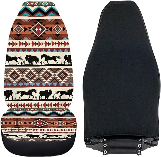 ELEQIN Aztec Horse Yak Car Seat Covers, Front Car Seat Cushion, 2 PCS Canvas Auto Cushion Protector Universal Fit Most Cars, Automotive Interior Decor