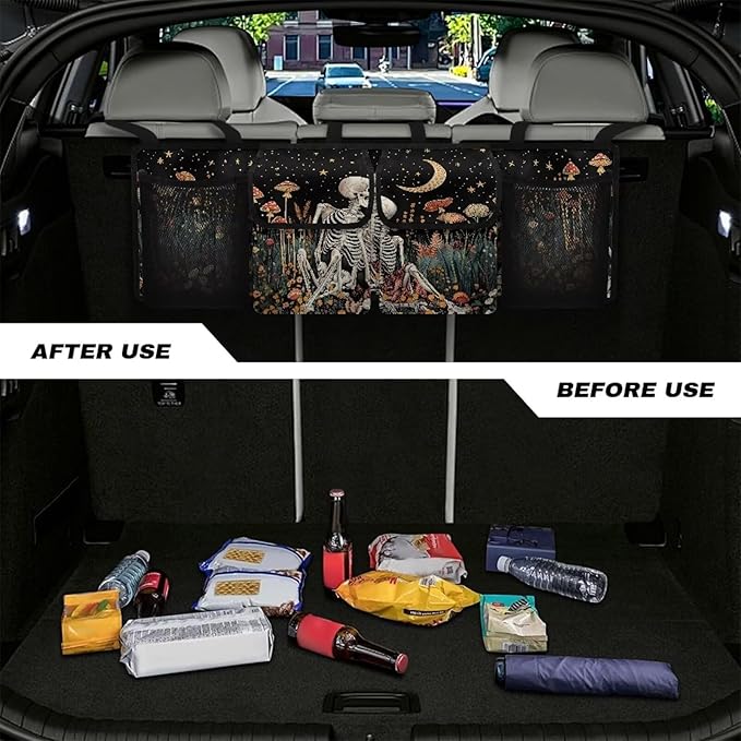 Skull Mushroom Car Trunk Organizer with 4 Pockets, Hanging Car Backseat Storage Bag with 3 Adjustable Straps, Car Interior Accessories for SUV, Truck, MPV, Van