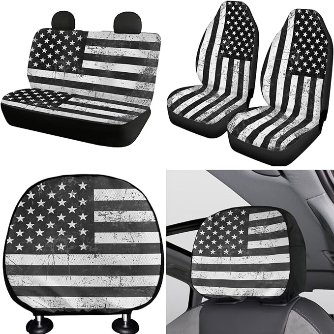FKELYI Black American Flag Car Seat Covers - Full Set with Front, Back, Headrest, Cup Holder, Gear Shift, Handbrake, Steering Wheel Covers
