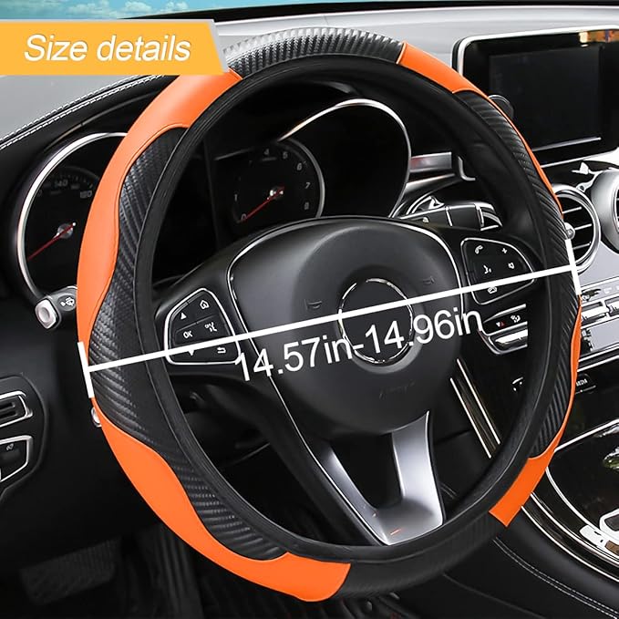 Car Steering Wheel Cover, 15 Inch PU Leather Carbon Fiber Elastic Stretch Without Inner Ring, Breathable Anti-Slip Auto Steering Wheel Protector for Women Men, Universal for Most Cars (Cayan)