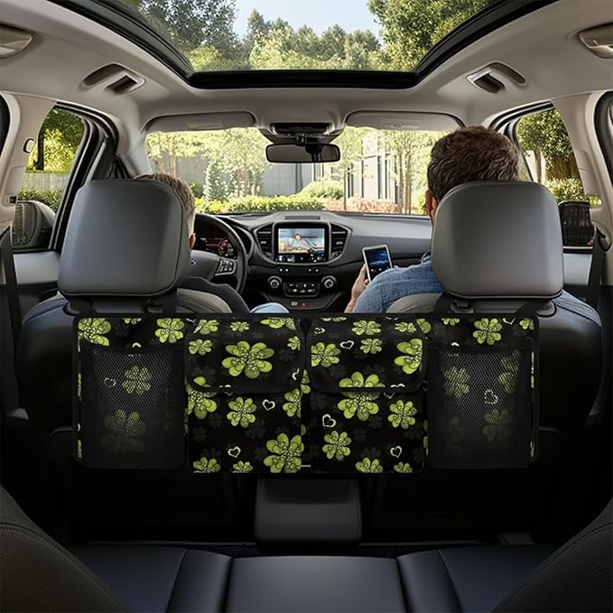 Green Heart Leaves Car Trunk Organizer St. Patrick Day Hanging Car Storage Bag with Lid Back Seat Car Organizer Space Saving Expert