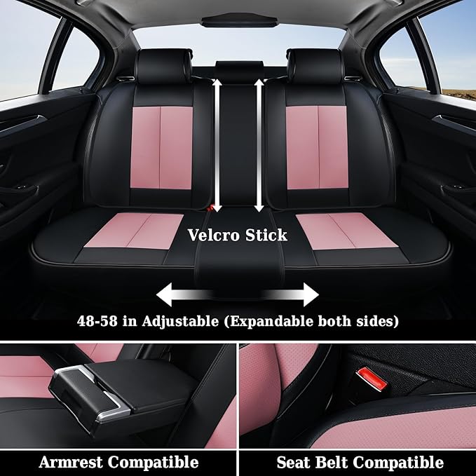 Coverado Universal Seat Covers Full Set, 5 Seats Universal Seat Covers for Cars, Waterproof Nappa Leather Car Seat Covers with Head Pillow, Auto Protectors Fit for Most Pick-up Truck, Black&Pink
