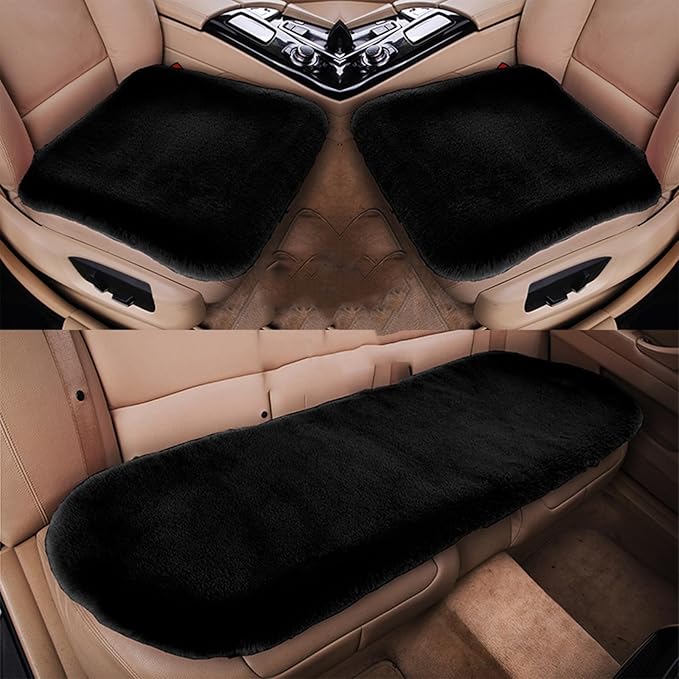 Plush Car Seat Cushion, Soft Warm Fuzzy Faux Rabbit Fur Fluffy Plush Auto Seat Cover Vehicle Car Front and Back Seat Protector Pad with Non-Slip Backing Cushion Interior Universal Fit (Black,3PCS)