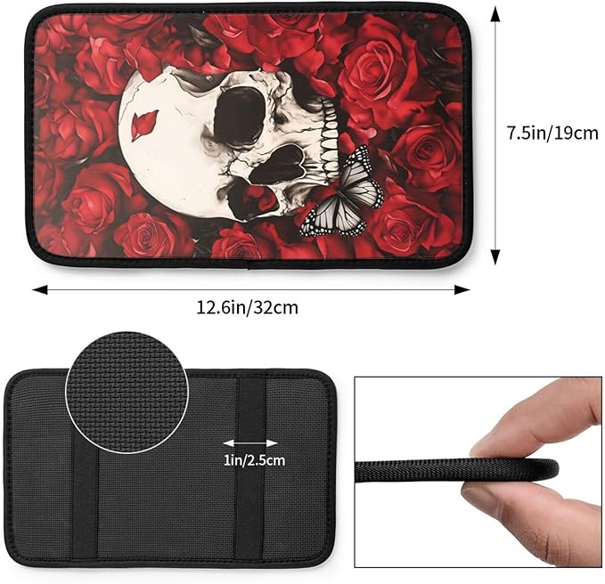 Universal Car Center Console Cushion Pad, Red Rose Skull Butterfly Soft Waterproof Car Center Console Cover Auto Armrest Seat Box Cover Protector for Most Vehicle SUV Truck Car