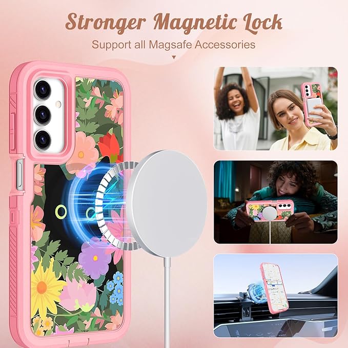 for Samsung Galaxy A15 5G Phone Case - Compatible with MagSafe Women Girls Cute Magnetic Protective Cover Cat Flower Fashion Floral Design Heavy Duty Shockproof for Samsung A15 5G Case 6.5"