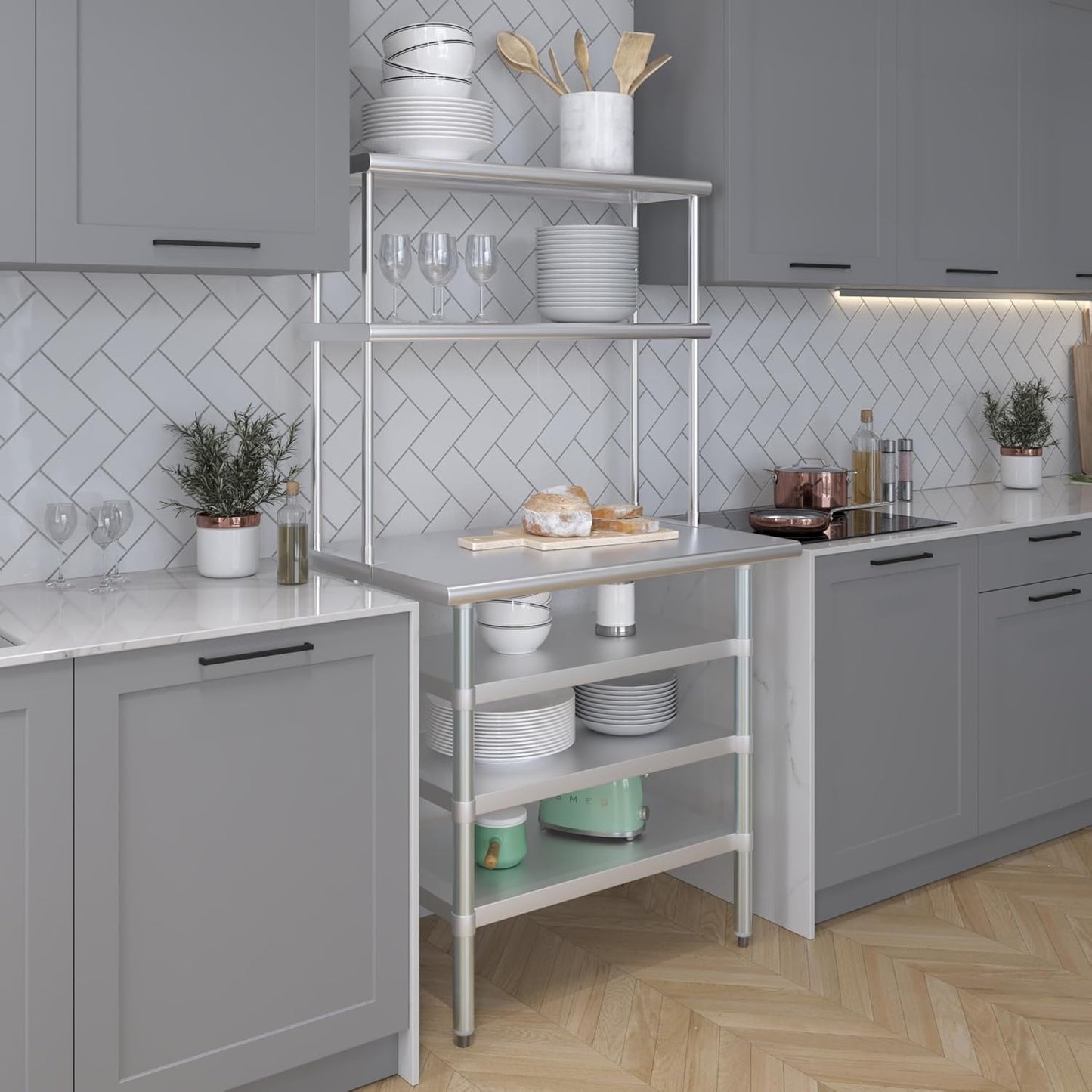 Amgood 24" x 36" Stainless Steel Work Table with 3 Shelves and 12" Wide Double Tier Overshelf | Metal Kitchen Prep Table & Shelving Combo | NSF