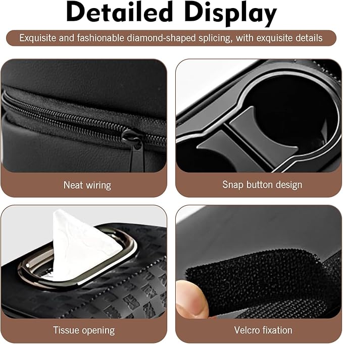 Car Center Console Leather Armrest Increase Cushion, MultiFunctional Armrest Box Pad with Dual Cup Holder, Tissue Box, Side Card Holder, Universal for Most Cars, SUVs, Trucks (Black)