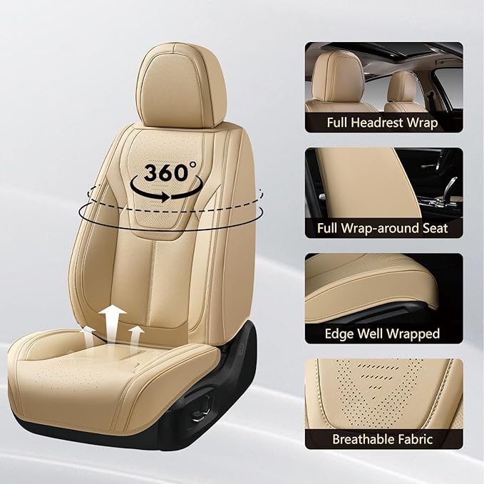 FLORICH Automotive Seat Covers, Beige Car Seat Cover Full Set, Luxury Faux Nappa Leather Automotive Seat Protectors, Car Seat Cushions Universal Fit for Most Sedans SUVs Trucks - Beige