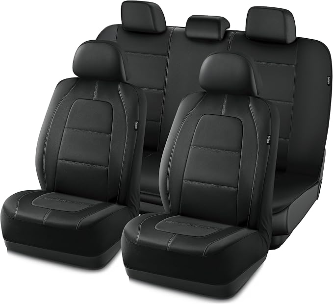 Road Comforts Car Seat Cover, Leather Car Seat Cover Full Set, Automotive Seat Covers, Airbag Compatible Universal Fit for Most Cars (Black)