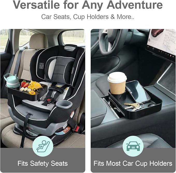 Car Seat Snack Tray for Toddlers - 3 Inch Cup Holder Fits Most Sippy Cups & Straw Bottles with Dip Well, Mess-Free Square Kids Travel Tray Road Trip Essentials, Black