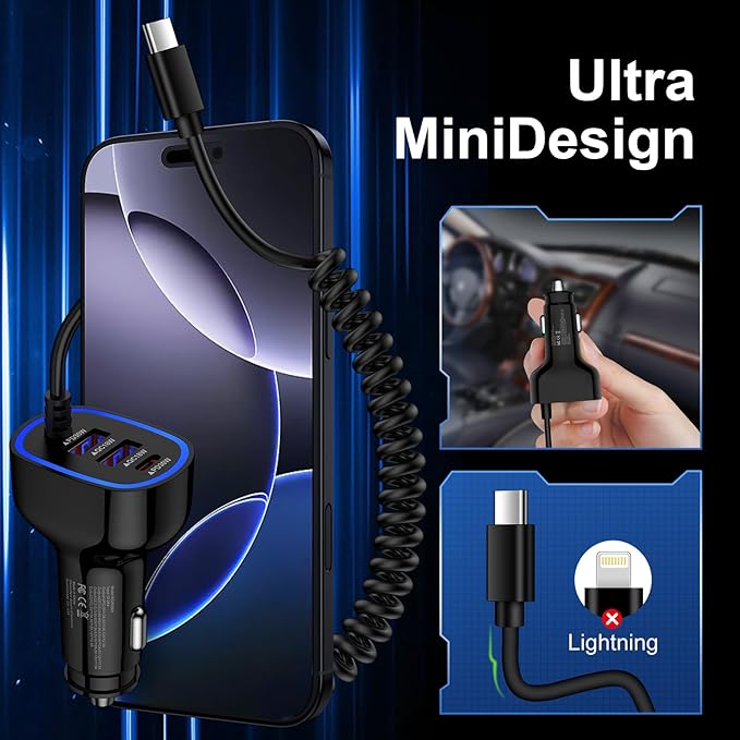 60W Type C Super Fast Samsung Car Charger for Galaxy S26/S25 Ultra/A17/Z Flip7/Fold7/A56/A16 iPhone 17 16e 16 Pro Max Pixel 10A, 4-Port USB C & USB A Car Phone Charger Adapter+4FT Type C Coiled Cable