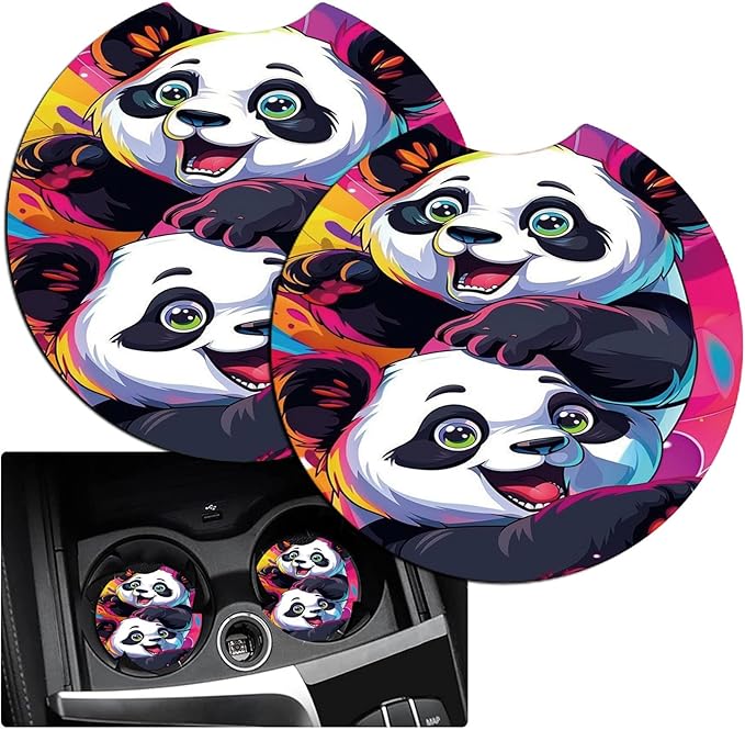 Car Armrest Cover Pads Universal Fashion Cute Auto Center Console Armrest Cover Pad with 2PCS Car Coasters Soft Waterproof Car Armrest Seat Protector for Women, Cute Panda Playing
