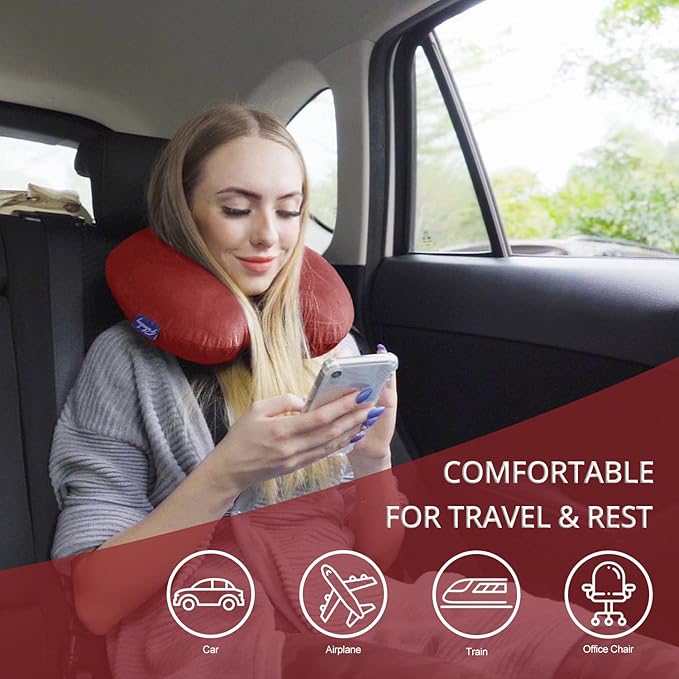 Fabuday Neck Pillows for Travel - Airplane Pillow for Long Flight with Attachable Snap Strap Washable Cover, Memory Foam Travel Rest Pillow for Airplanes, Plane, Neck Support for Adults Red