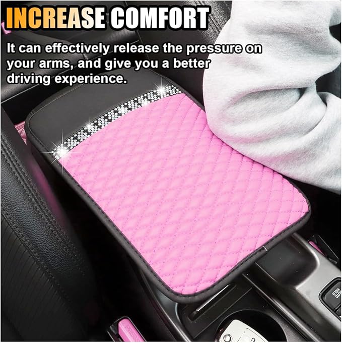 Bling Leather Car Armrest Seat Box Cover, Car Console Armrest Cover with Crystal Rhinestones, Anti-Scratch Waterproof Auto Center Console Protector Cushion Pad for Car SUV Truck (Pink)