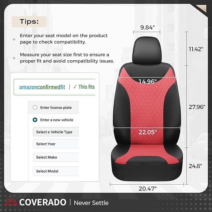 Coverado Front and Rear Seat Covers, 5 Packs Leather Seat Covers for Cars, Car Seat Protectors with Splicing Design，Universal Car Seat Cushions Waterproof Seat Covers Fit for Most Cars, Black & Red